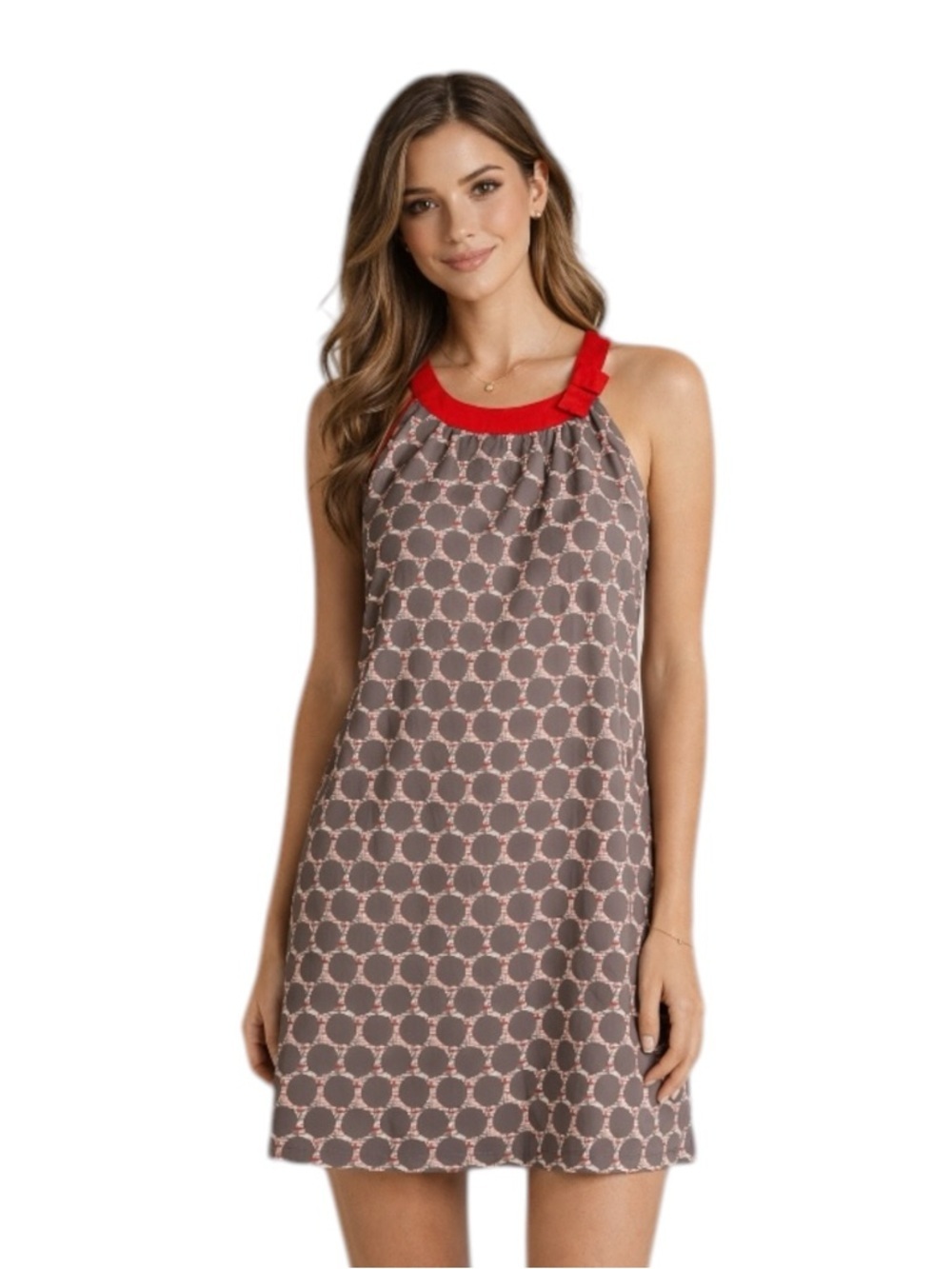 Vertigo Halter Mini Dress Red Gray Polka Dot Sleeveless Size S